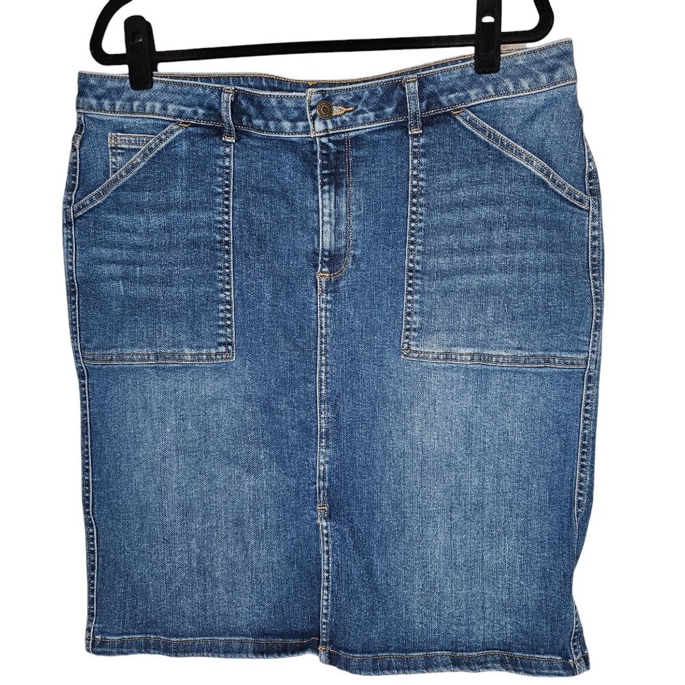 ⭐️Garnet Hill 16 Denim Skirt Knee Length Front Slit Patch Pocket Medium Wash - Picture 1 of 6